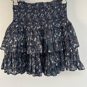 Boho Cottagecore Floral Smocked Waist Tiered Mini Skirt Ruffle Black S